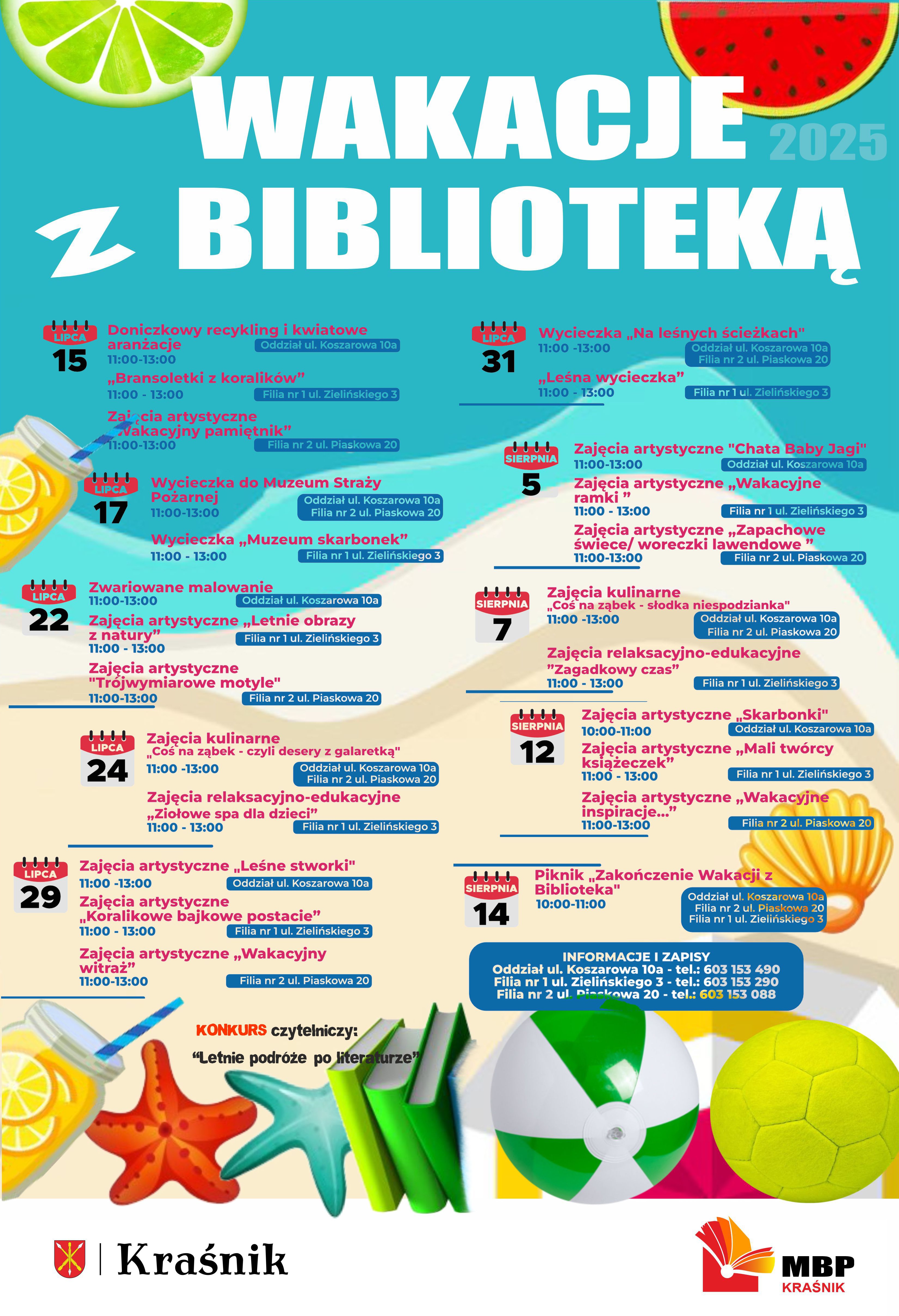 plakat wakacje z biblioteką