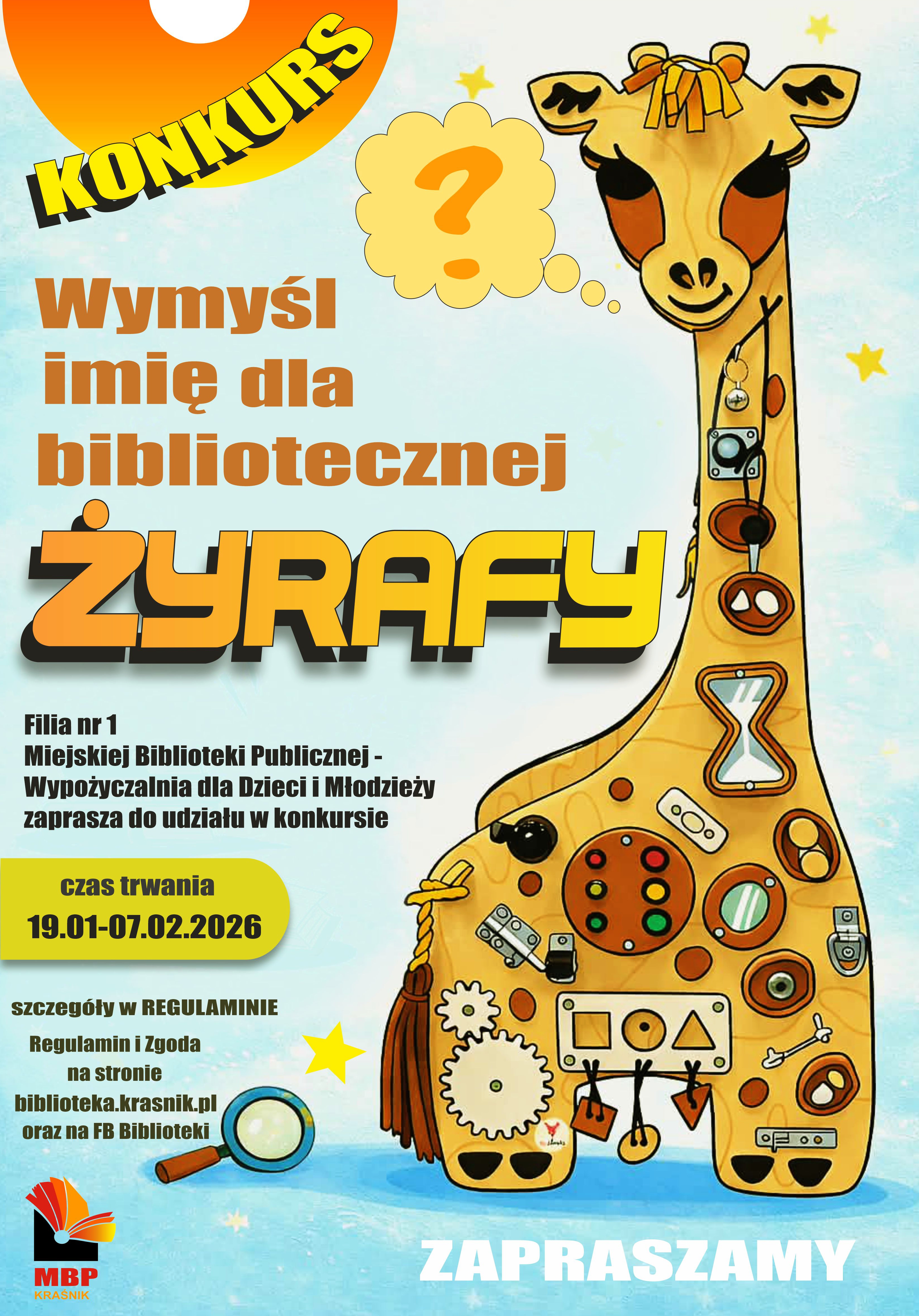 plakat konkurs wymyśl imię dla bibliotecznej żyrafy