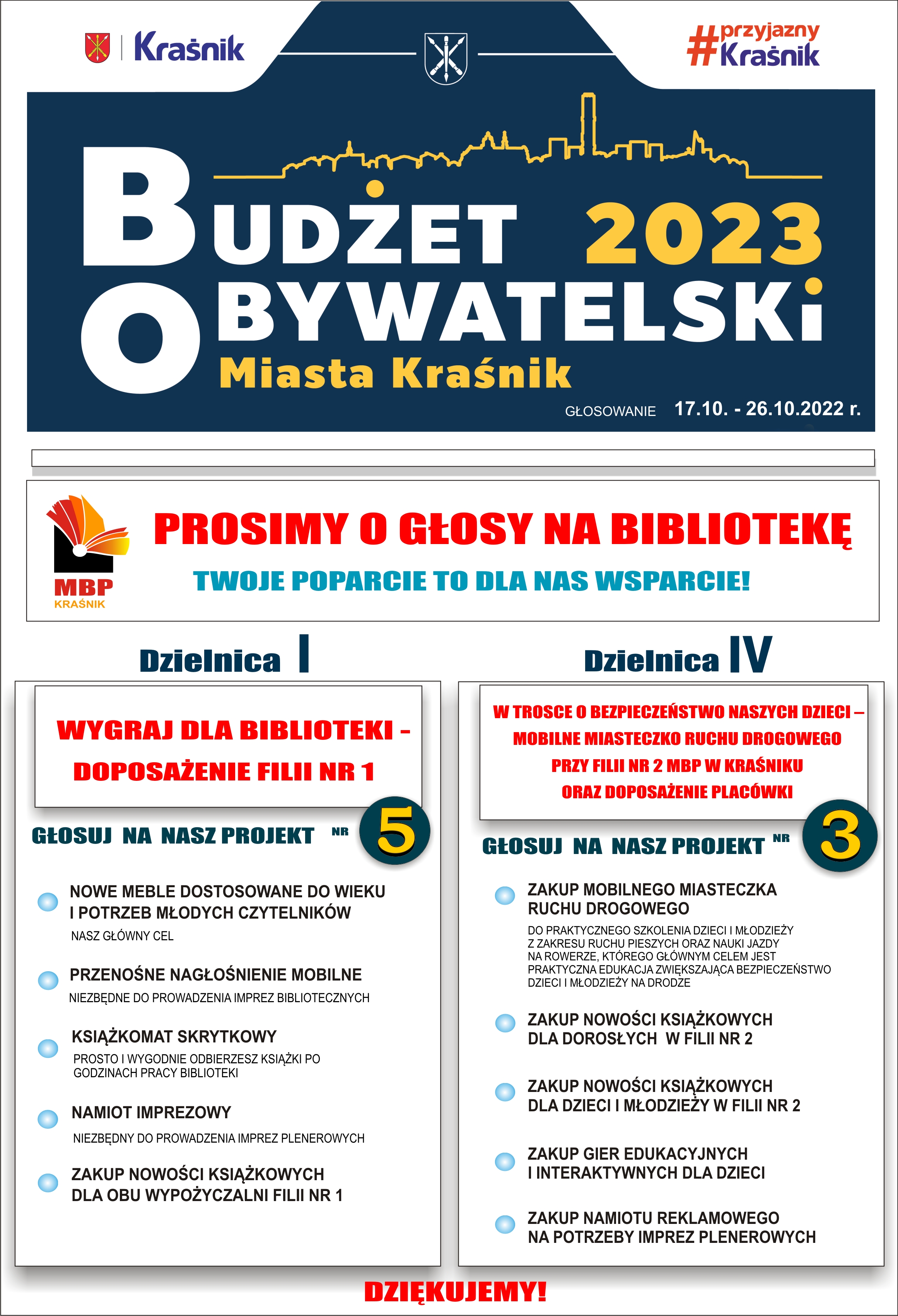 Plakat Budżet Obywatelski 2023. Projekty MBP Kraśnik